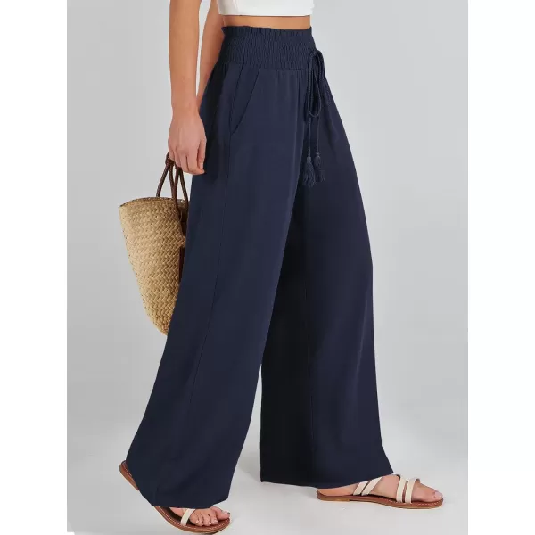 imageANRABESS Women Linen Palazzo Pants Casual Loose High Waist Drawstring Wide Casual Long Lounge Pant Trousers with PocketNavy Blue