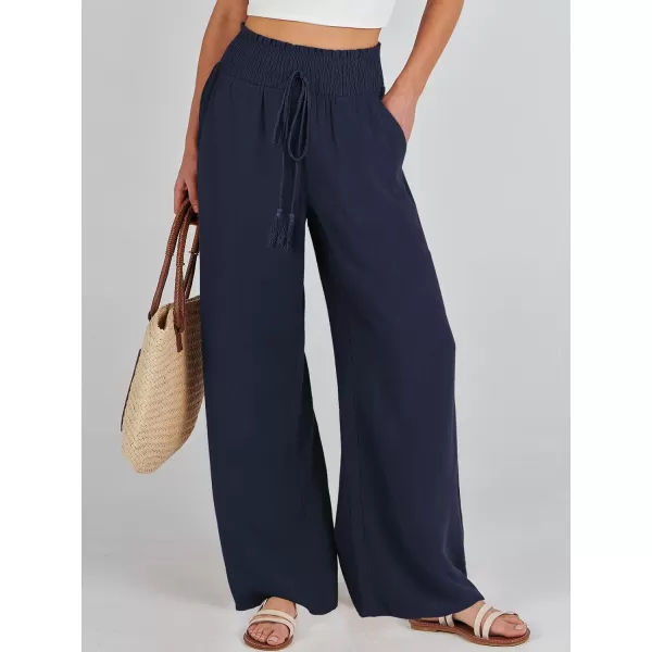 imageANRABESS Women Linen Palazzo Pants Casual Loose High Waist Drawstring Wide Casual Long Lounge Pant Trousers with PocketNavy Blue