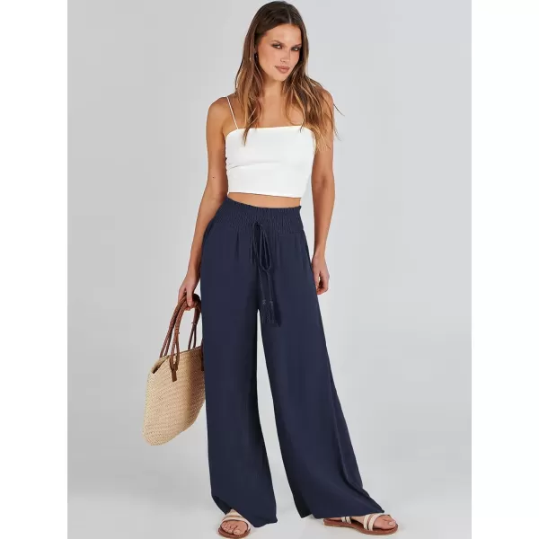 imageANRABESS Women Linen Palazzo Pants Casual Loose High Waist Drawstring Wide Casual Long Lounge Pant Trousers with PocketNavy Blue