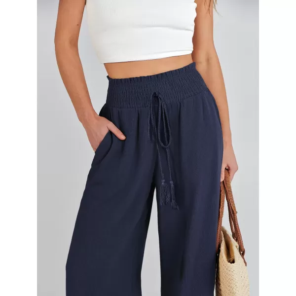 imageANRABESS Women Linen Palazzo Pants Casual Loose High Waist Drawstring Wide Casual Long Lounge Pant Trousers with PocketNavy Blue