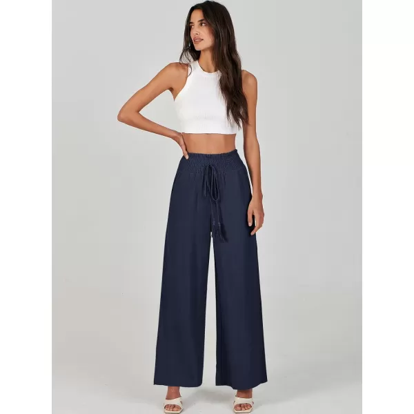 imageANRABESS Women Linen Palazzo Pants Casual Loose High Waist Drawstring Wide Casual Long Lounge Pant Trousers with PocketNavy Blue
