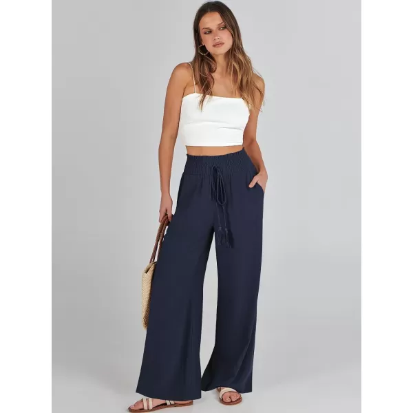 imageANRABESS Women Linen Palazzo Pants Casual Loose High Waist Drawstring Wide Casual Long Lounge Pant Trousers with PocketNavy Blue