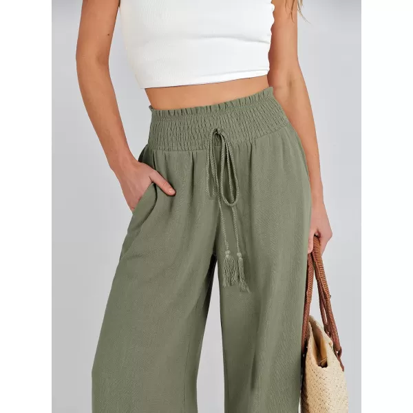 imageANRABESS Women Linen Palazzo Pants Casual Loose High Waist Drawstring Wide Casual Long Lounge Pant Trousers with PocketOlive