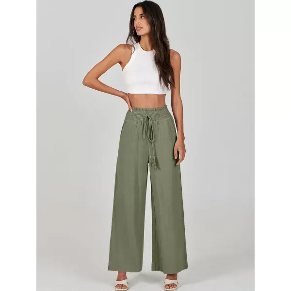 imageANRABESS Women Linen Palazzo Pants Casual Loose High Waist Drawstring Wide Casual Long Lounge Pant Trousers with PocketOlive