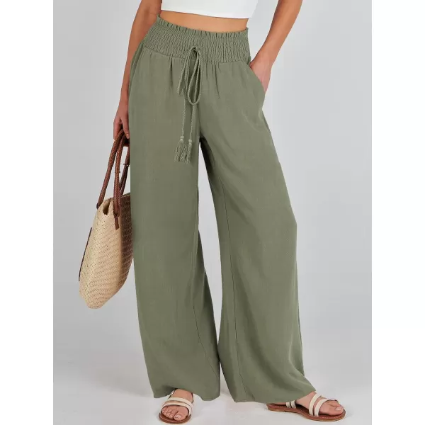 imageANRABESS Women Linen Palazzo Pants Casual Loose High Waist Drawstring Wide Casual Long Lounge Pant Trousers with PocketOlive