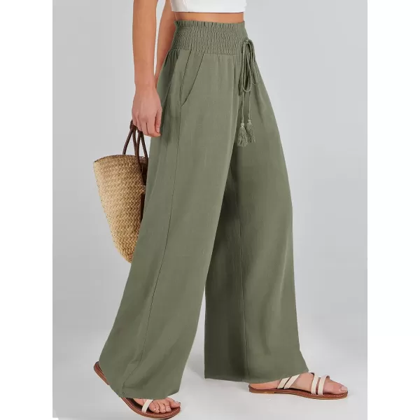 imageANRABESS Women Linen Palazzo Pants Casual Loose High Waist Drawstring Wide Casual Long Lounge Pant Trousers with PocketOlive