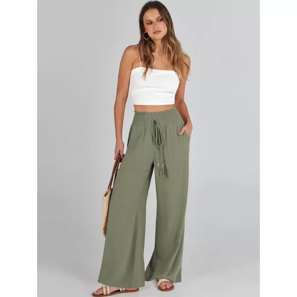 imageANRABESS Women Linen Palazzo Pants Casual Loose High Waist Drawstring Wide Casual Long Lounge Pant Trousers with PocketOlive