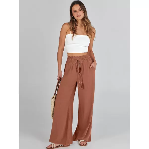 imageANRABESS Women Linen Palazzo Pants Casual Loose High Waist Drawstring Wide Casual Long Lounge Pant Trousers with PocketRust