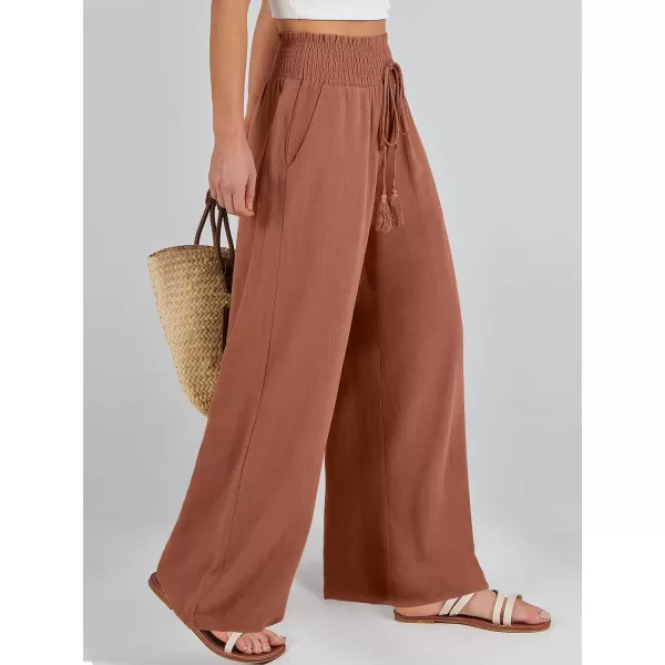 imageANRABESS Women Linen Palazzo Pants Casual Loose High Waist Drawstring Wide Casual Long Lounge Pant Trousers with PocketRust