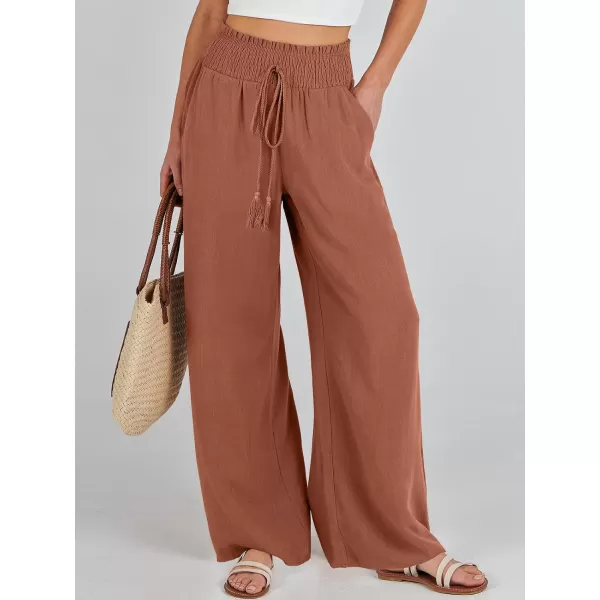 imageANRABESS Women Linen Palazzo Pants Casual Loose High Waist Drawstring Wide Casual Long Lounge Pant Trousers with PocketRust