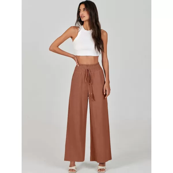 imageANRABESS Women Linen Palazzo Pants Casual Loose High Waist Drawstring Wide Casual Long Lounge Pant Trousers with PocketRust