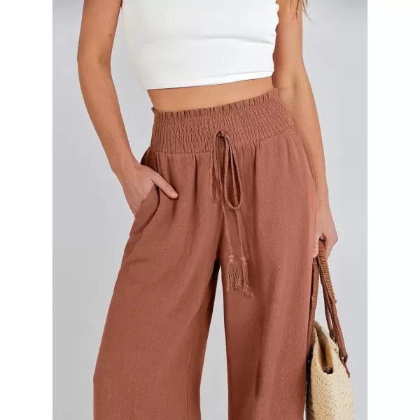 imageANRABESS Women Linen Palazzo Pants Casual Loose High Waist Drawstring Wide Casual Long Lounge Pant Trousers with PocketRust