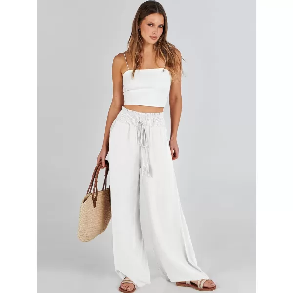imageANRABESS Women Linen Palazzo Pants Casual Loose High Waist Drawstring Wide Casual Long Lounge Pant Trousers with PocketWhite