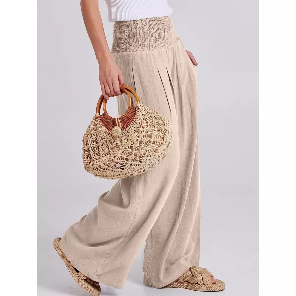 imageANRABESS Women Linen Palazzo Pants Summer Boho Wide Leg High Waist Casual Lounge Pant Trousers with PocketAlmond
