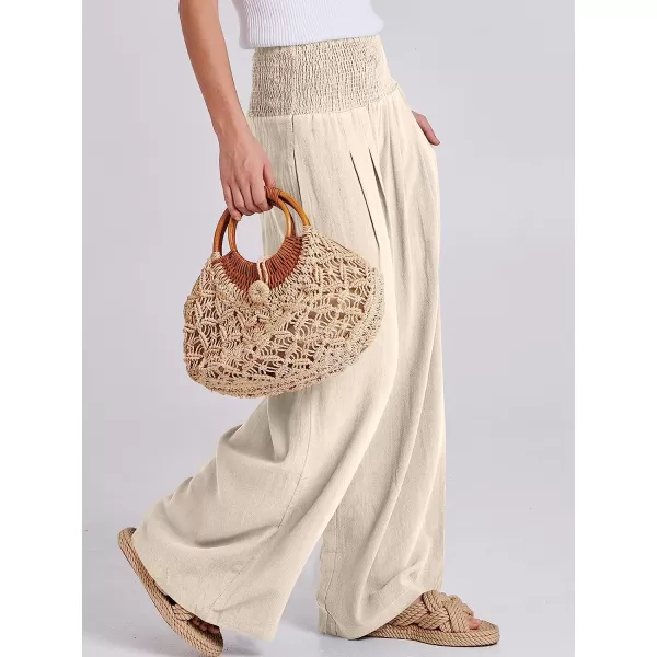 imageANRABESS Women Linen Palazzo Pants Summer Boho Wide Leg High Waist Casual Lounge Pant Trousers with PocketBeige
