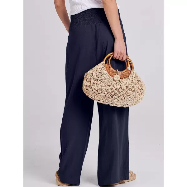 imageANRABESS Women Linen Palazzo Pants Summer Boho Wide Leg High Waist Casual Lounge Pant Trousers with PocketNavy Blue