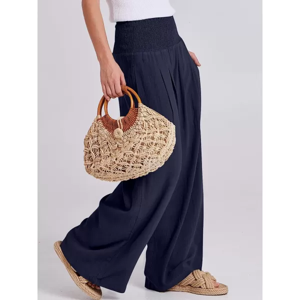 imageANRABESS Women Linen Palazzo Pants Summer Boho Wide Leg High Waist Casual Lounge Pant Trousers with PocketNavy Blue