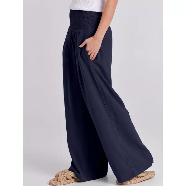 imageANRABESS Women Linen Palazzo Pants Summer Boho Wide Leg High Waist Casual Lounge Pant Trousers with PocketNavy Blue