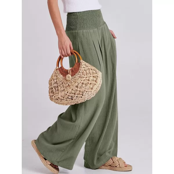 imageANRABESS Women Linen Palazzo Pants Summer Boho Wide Leg High Waist Casual Lounge Pant Trousers with PocketOlive