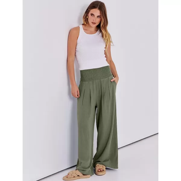 imageANRABESS Women Linen Palazzo Pants Summer Boho Wide Leg High Waist Casual Lounge Pant Trousers with PocketOlive