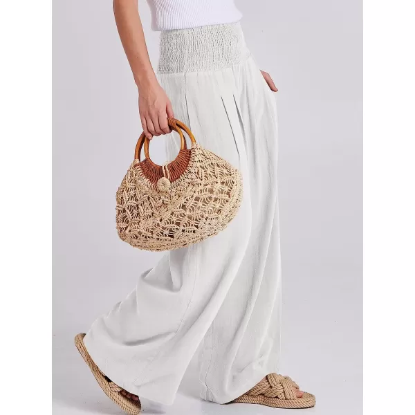imageANRABESS Women Linen Palazzo Pants Summer Boho Wide Leg High Waist Casual Lounge Pant Trousers with PocketWhite