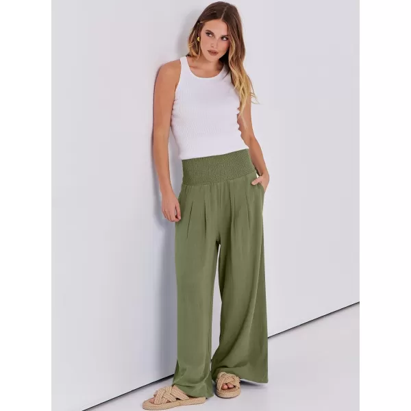 imageANRABESS Women Linen Palazzo Pants Summer Boho Wide Leg High Waist Casual Lounge Pant Trousers with PocketsArmy Green