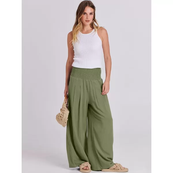imageANRABESS Women Linen Palazzo Pants Summer Boho Wide Leg High Waist Casual Lounge Pant Trousers with PocketsArmy Green