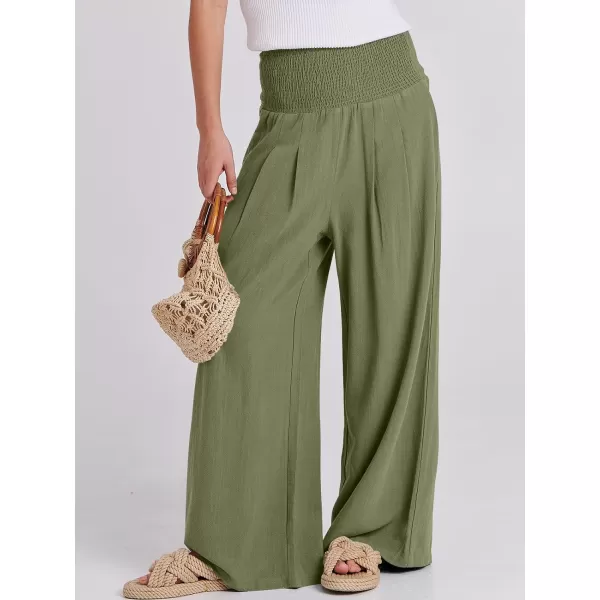 imageANRABESS Women Linen Palazzo Pants Summer Boho Wide Leg High Waist Casual Lounge Pant Trousers with PocketsArmy Green