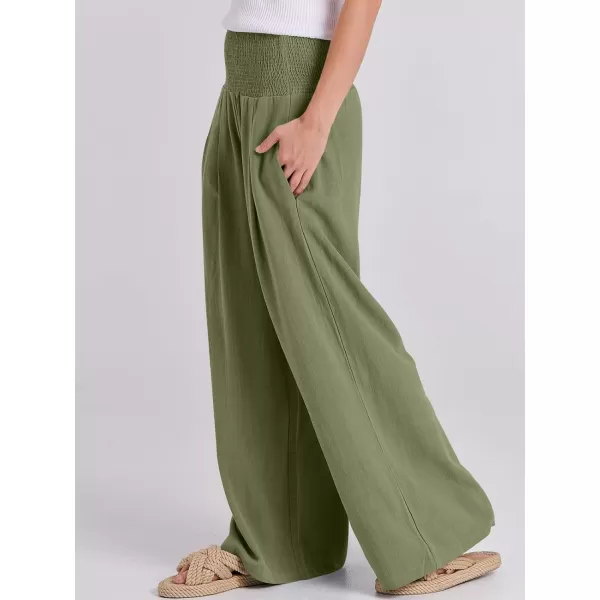 imageANRABESS Women Linen Palazzo Pants Summer Boho Wide Leg High Waist Casual Lounge Pant Trousers with PocketsArmy Green