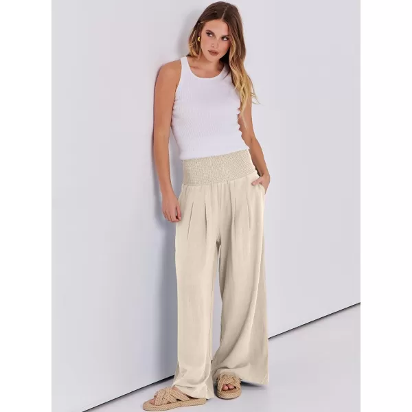 imageANRABESS Women Linen Palazzo Pants Summer Boho Wide Leg High Waist Casual Lounge Pant Trousers with PocketsBeige