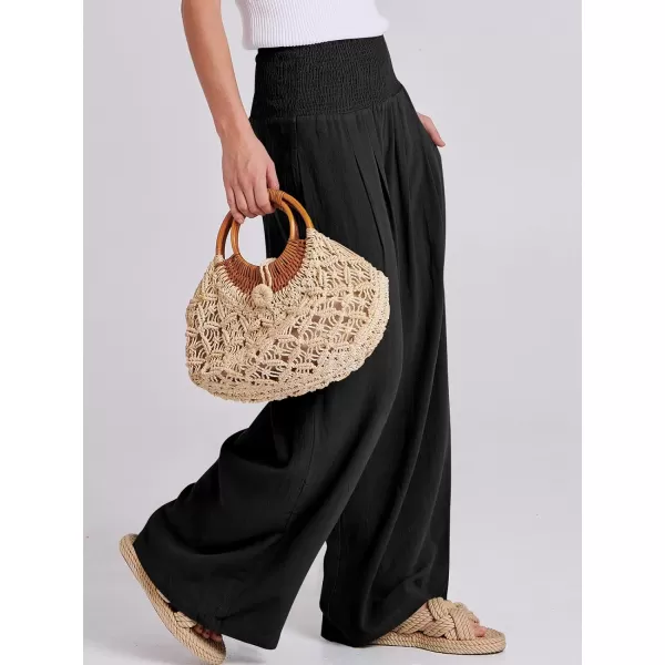 imageANRABESS Women Linen Palazzo Pants Summer Boho Wide Leg High Waist Casual Lounge Pant Trousers with PocketsBlack