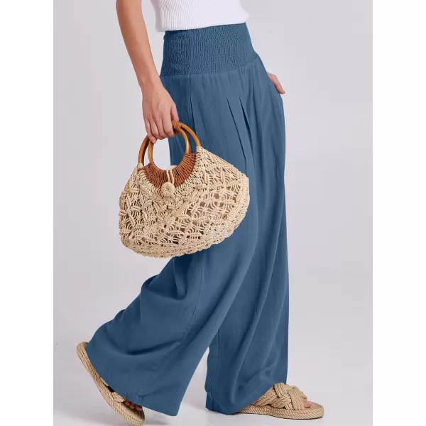 imageANRABESS Women Linen Palazzo Pants Summer Boho Wide Leg High Waist Casual Lounge Pant Trousers with PocketsDeep Blue