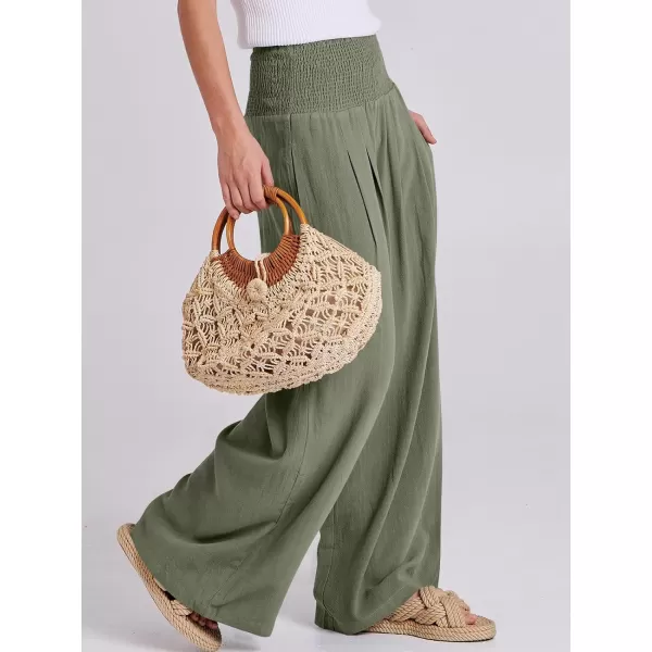 imageANRABESS Women Linen Palazzo Pants Summer Boho Wide Leg High Waist Casual Lounge Pant Trousers with PocketsOlive