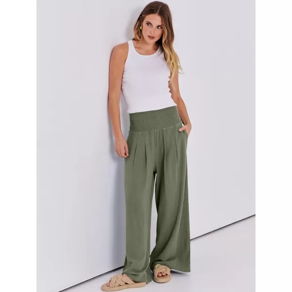 imageANRABESS Women Linen Palazzo Pants Summer Boho Wide Leg High Waist Casual Lounge Pant Trousers with PocketsOlive