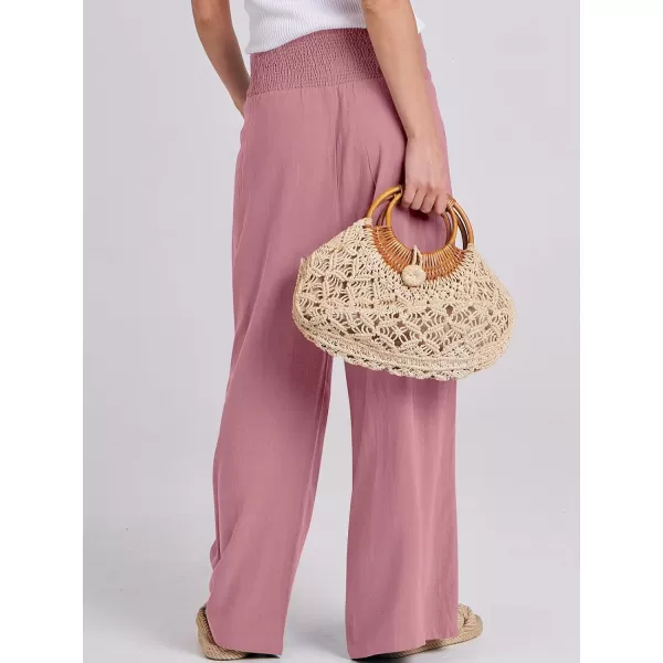imageANRABESS Women Linen Palazzo Pants Summer Boho Wide Leg High Waist Casual Lounge Pant Trousers with PocketsPink