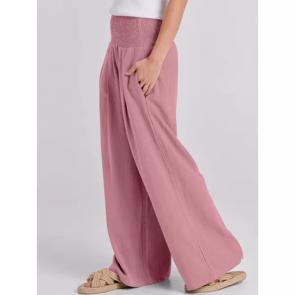 imageANRABESS Women Linen Palazzo Pants Summer Boho Wide Leg High Waist Casual Lounge Pant Trousers with PocketsPink