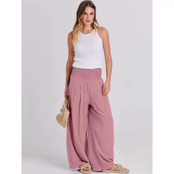 imageANRABESS Women Linen Palazzo Pants Summer Boho Wide Leg High Waist Casual Lounge Pant Trousers with PocketsPink