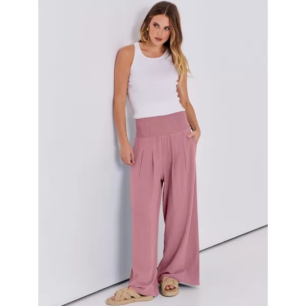 imageANRABESS Women Linen Palazzo Pants Summer Boho Wide Leg High Waist Casual Lounge Pant Trousers with PocketsPink