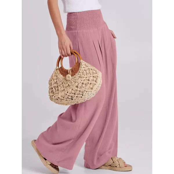 imageANRABESS Women Linen Palazzo Pants Summer Boho Wide Leg High Waist Casual Lounge Pant Trousers with PocketsPink
