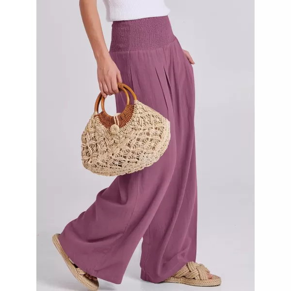 imageANRABESS Women Linen Palazzo Pants Summer Boho Wide Leg High Waist Casual Lounge Pant Trousers with PocketsPurple