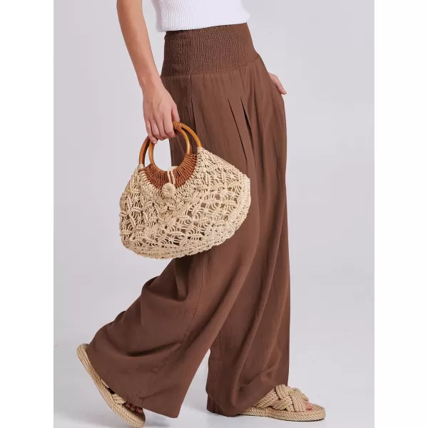 imageANRABESS Women Linen Palazzo Pants Summer Boho Wide Leg High Waist Casual Lounge Pant Trousers with PocketsRed Brown