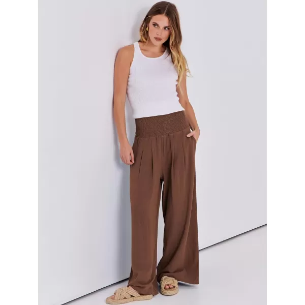 imageANRABESS Women Linen Palazzo Pants Summer Boho Wide Leg High Waist Casual Lounge Pant Trousers with PocketsRed Brown
