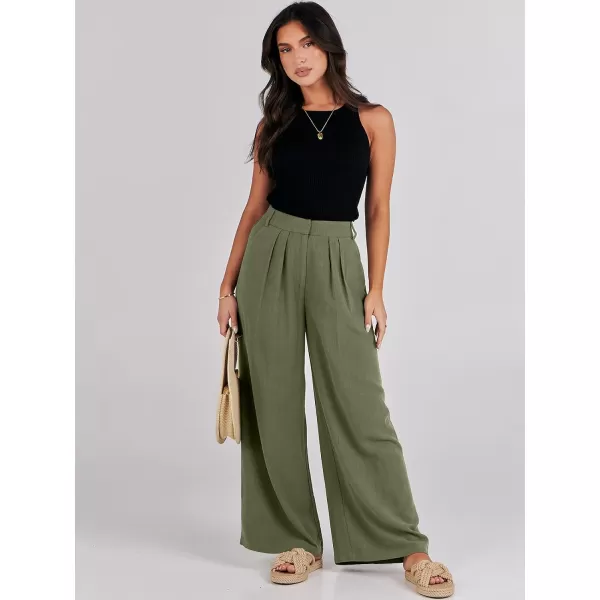 imageANRABESS Women Linen Palazzo Pants Summer Wide Leg High Waist Casual Long Lounge Pant Trousers with PocketArmy Green