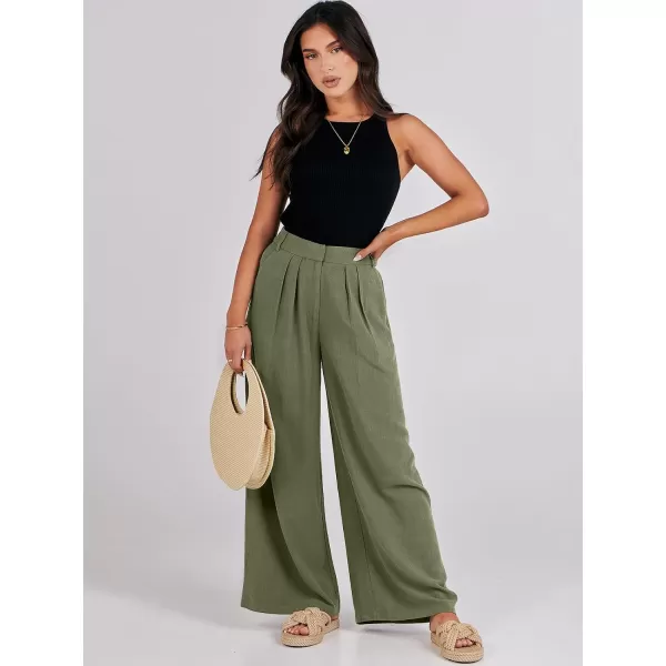 imageANRABESS Women Linen Palazzo Pants Summer Wide Leg High Waist Casual Long Lounge Pant Trousers with PocketArmy Green