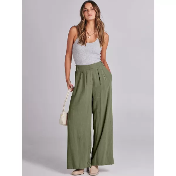 imageANRABESS Women Linen Palazzo Pants Summer Wide Leg High Waist Casual Long Lounge Pant Trousers with PocketArmy Green