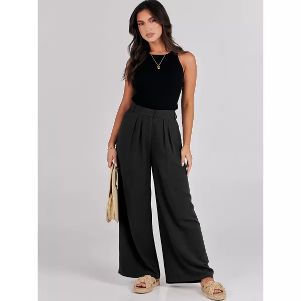 imageANRABESS Women Linen Palazzo Pants Summer Wide Leg High Waist Casual Long Lounge Pant Trousers with PocketBlack