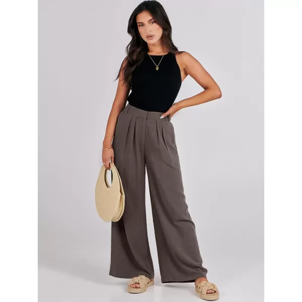 imageANRABESS Women Linen Palazzo Pants Summer Wide Leg High Waist Casual Long Lounge Pant Trousers with PocketCoffee