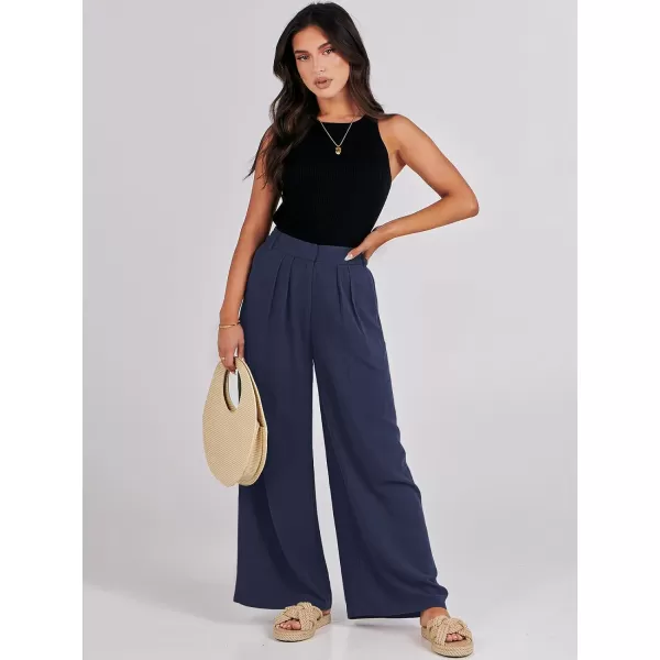imageANRABESS Women Linen Palazzo Pants Summer Wide Leg High Waist Casual Long Lounge Pant Trousers with PocketNavy Blue