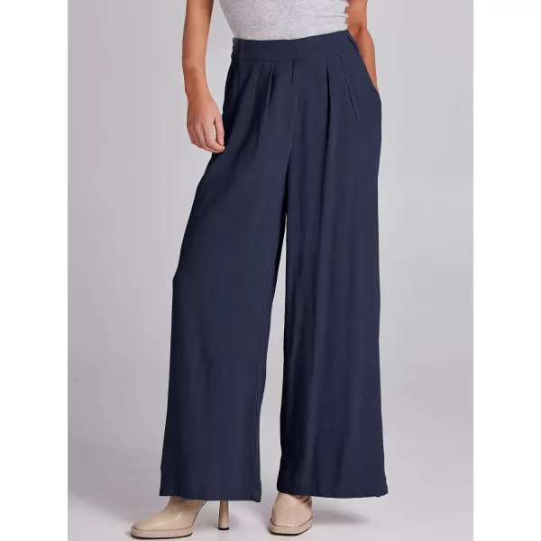 imageANRABESS Women Linen Palazzo Pants Summer Wide Leg High Waist Casual Long Lounge Pant Trousers with PocketNavy Blue