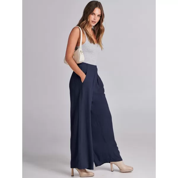imageANRABESS Women Linen Palazzo Pants Summer Wide Leg High Waist Casual Long Lounge Pant Trousers with PocketNavy Blue